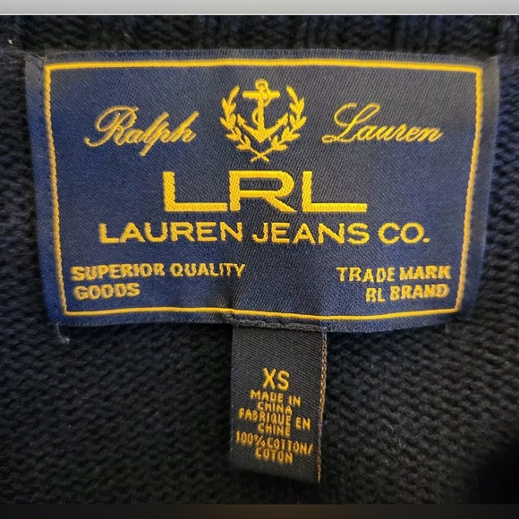 LRL Ralph Lauren Navy 100% Cotton Gold Buckle Wide Collar Pullover Sweater Sz XS - Picture 6 of 12